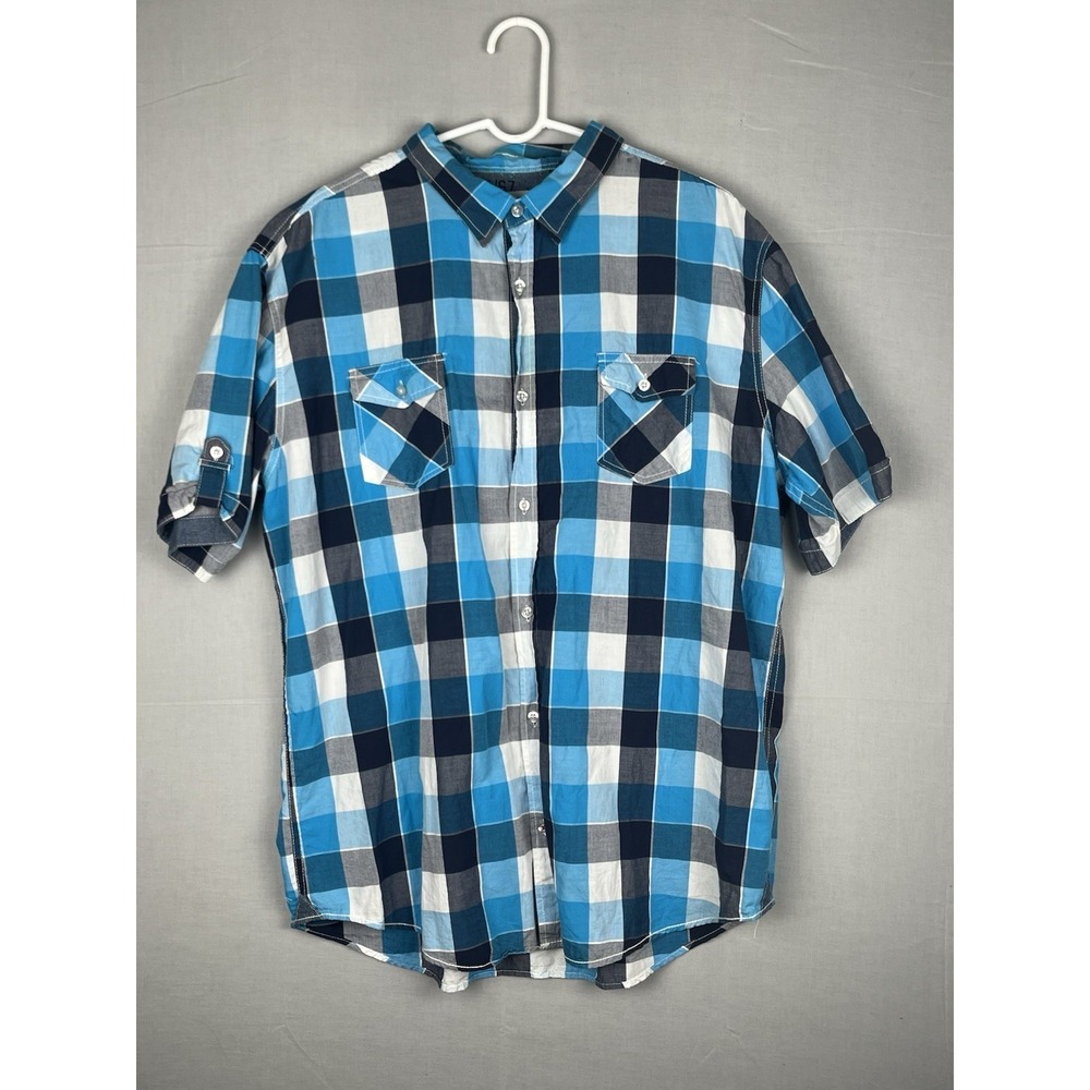C Project Raw Mens Button Up Shirt Blue Plaid‎ Short Sleeve Casual XX